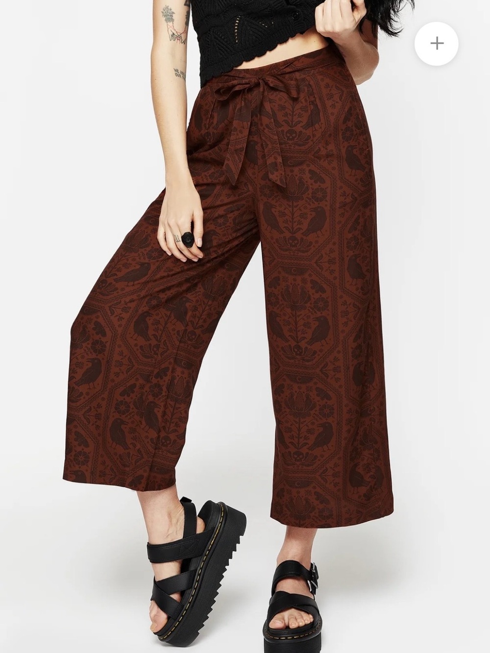 ISO Disturbia Brown Wide-Leg Tie Waist Pants with Raven Print